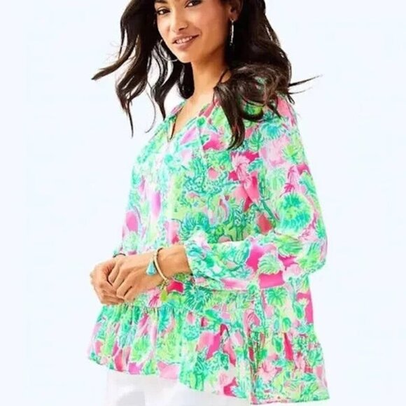 Lilly Pulitzer Tops - LILLY PULITZER Tensley Top Catty Shack Raz Berry Blouse Pink Green